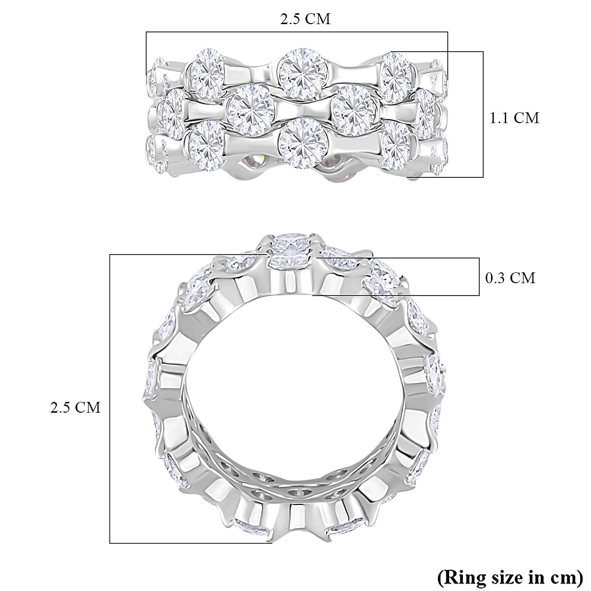 Set of 3 - Moissanite Band Rings in Rhodium Overlay Sterling Silver 6.50 Ct, Silver Wt. 27.00 Gms.