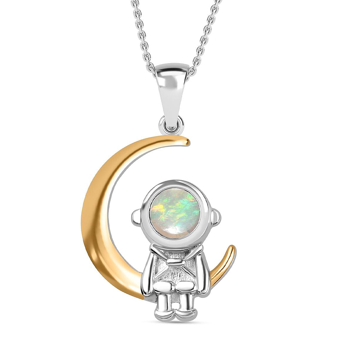Cosmic Collection - Ethiopian Welo Opal Astronaut Moon Pendant with Chain (Size 20) in Rhodium Overlay Sterling Silver, Silver Wt. 5.4 Gms