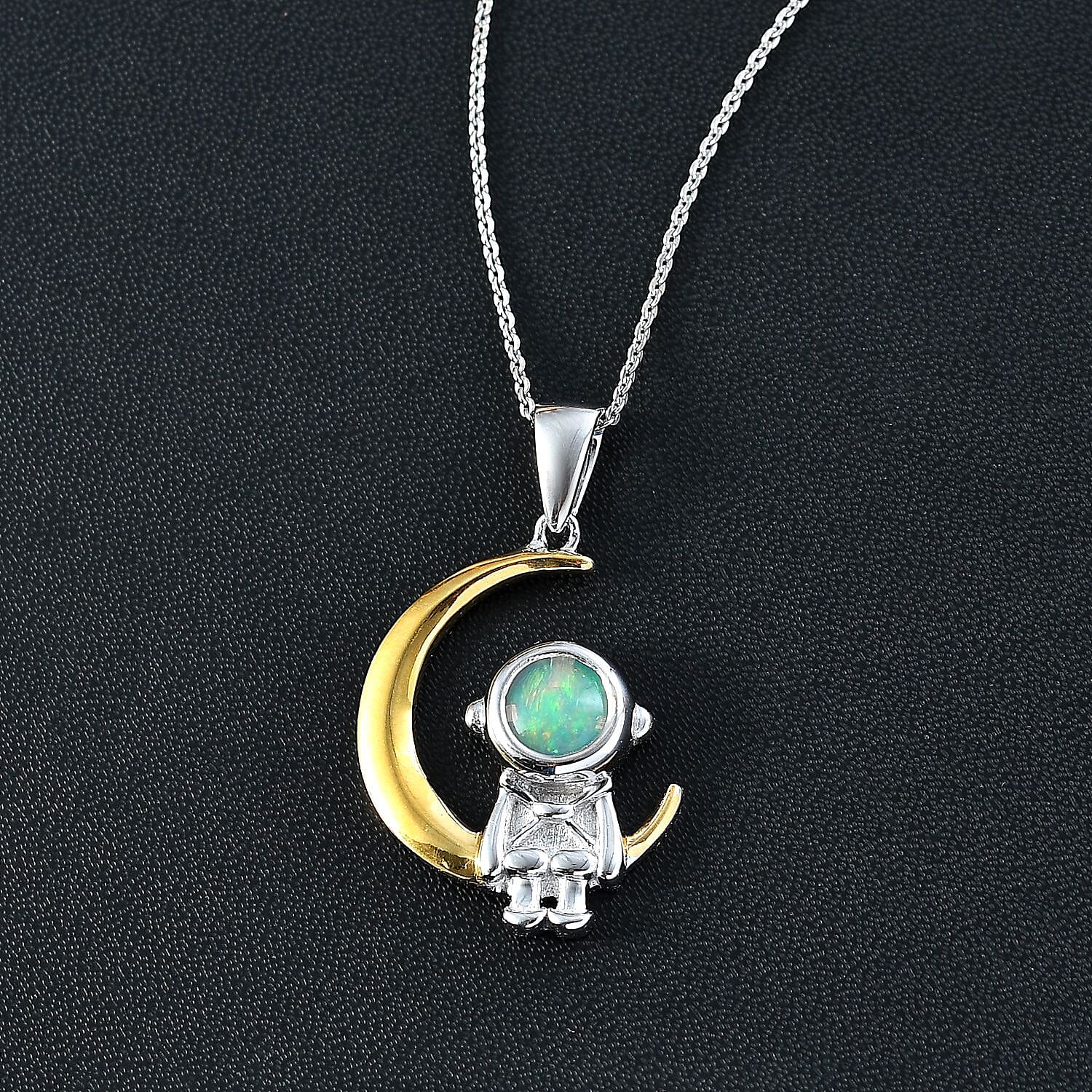 Cosmic Collection - Ethiopian Welo Opal Astronaut Moon Pendant with Chain (Size 20) in Rhodium Overlay Sterling Silver, Silver Wt. 5.4 Gms