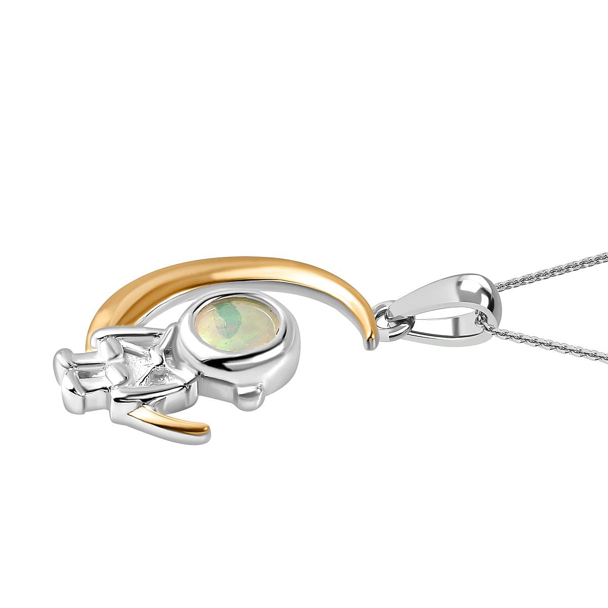 Cosmic Collection - Ethiopian Welo Opal Astronaut Moon Pendant with Chain (Size 20) in Rhodium Overlay Sterling Silver, Silver Wt. 5.4 Gms