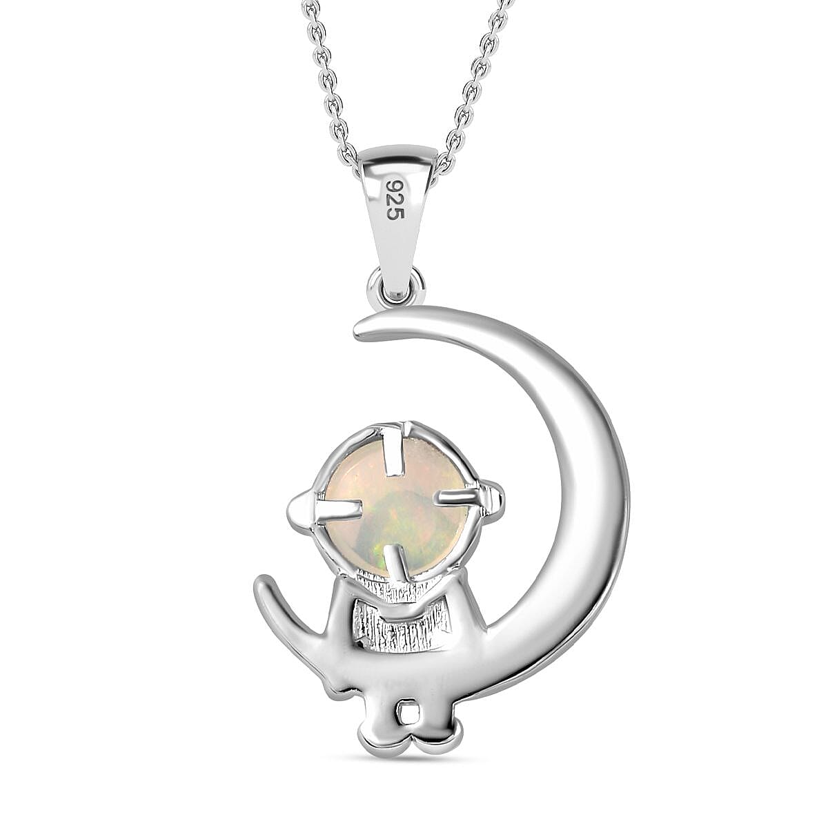 Cosmic Collection - Ethiopian Welo Opal Astronaut Moon Pendant with Chain (Size 20) in Rhodium Overlay Sterling Silver, Silver Wt. 5.4 Gms