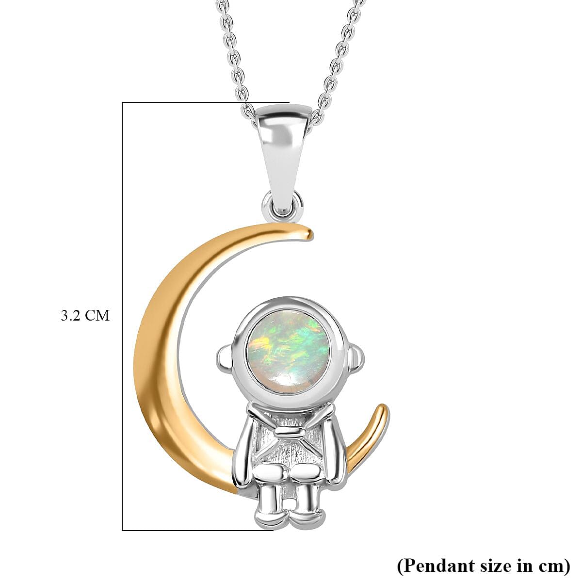 Cosmic Collection - Ethiopian Welo Opal Astronaut Moon Pendant with Chain (Size 20) in Rhodium Overlay Sterling Silver, Silver Wt. 5.4 Gms