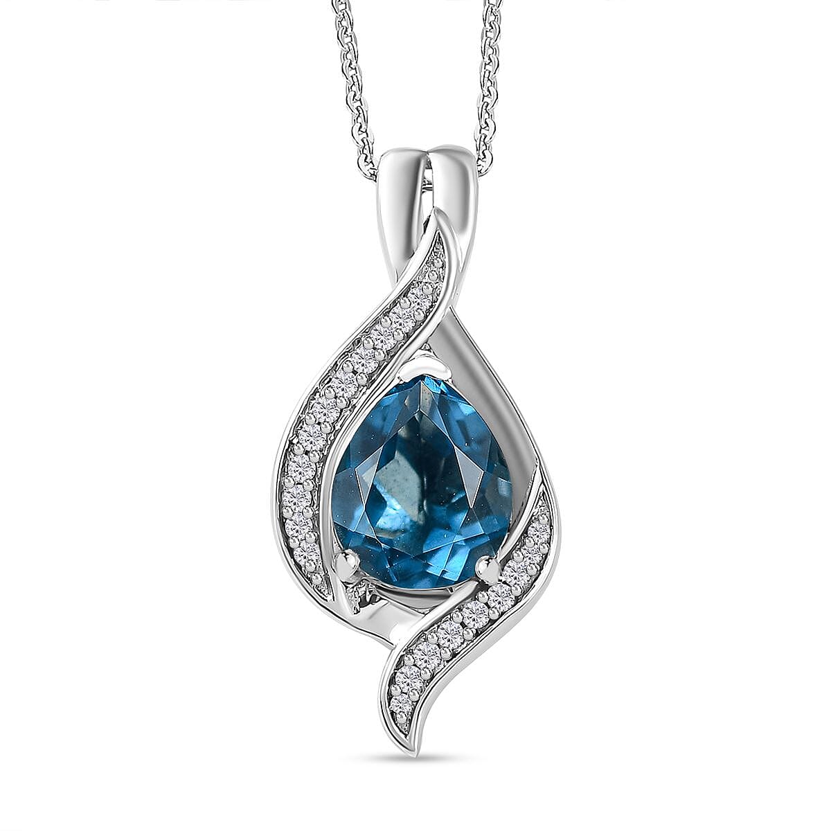 Belgian Teal Fluorite and White Zircon Pendant with Chain (Size 20) in Rhodium Overlay Sterling Silver 2.970  Ct.