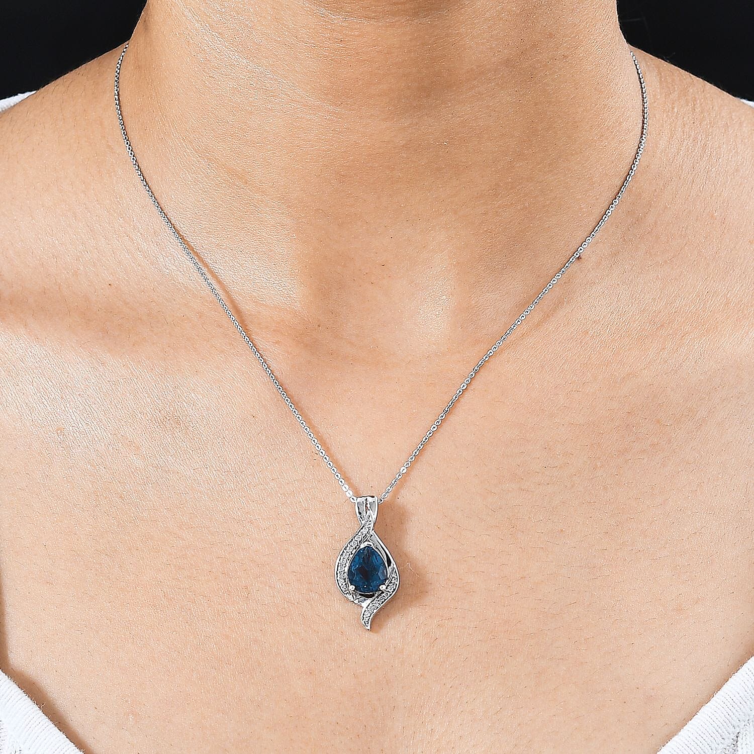 Belgian Teal Fluorite and White Zircon Pendant with Chain (Size 20) in Rhodium Overlay Sterling Silver 2.970  Ct.