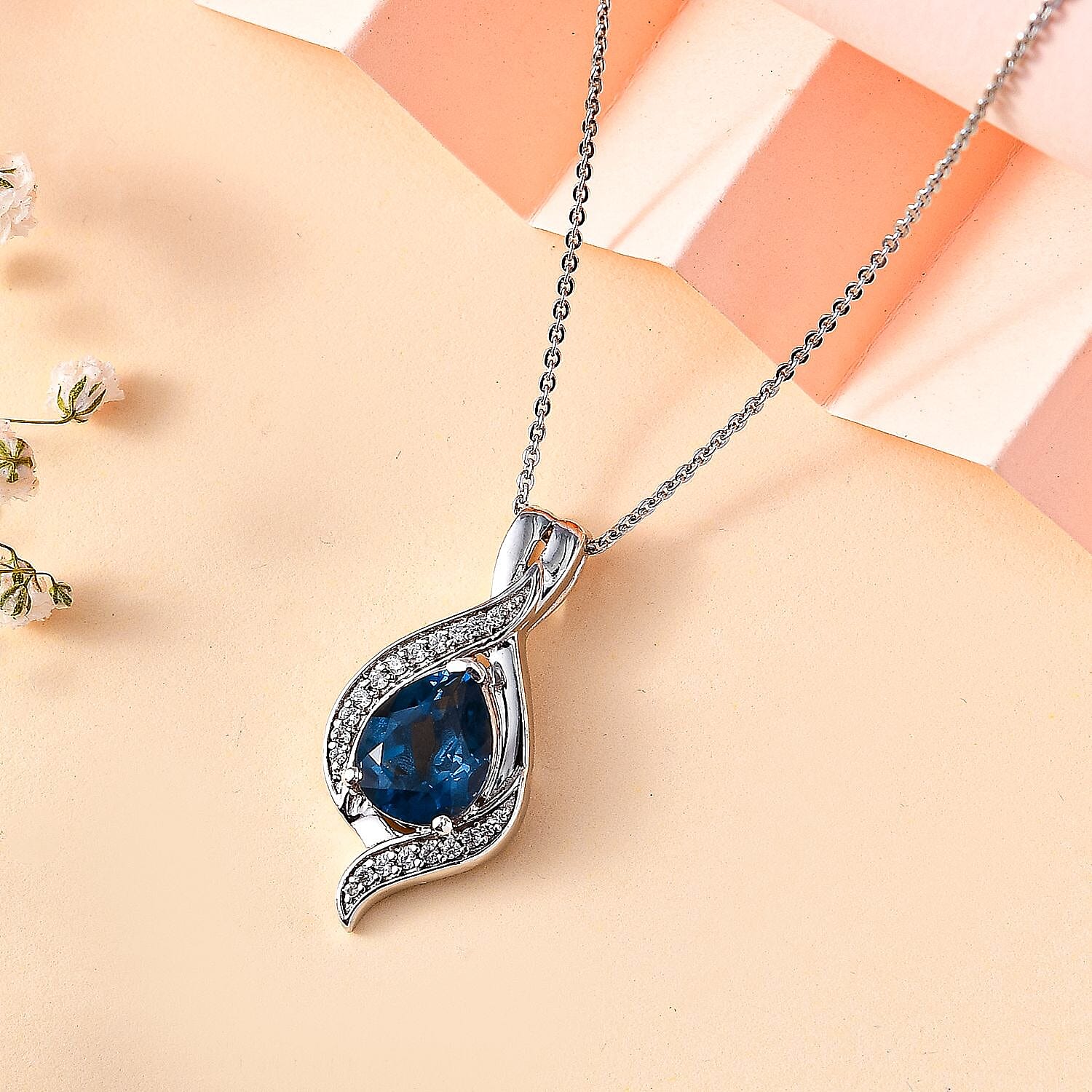 Belgian Teal Fluorite and White Zircon Pendant with Chain (Size 20) in Rhodium Overlay Sterling Silver 2.970  Ct.