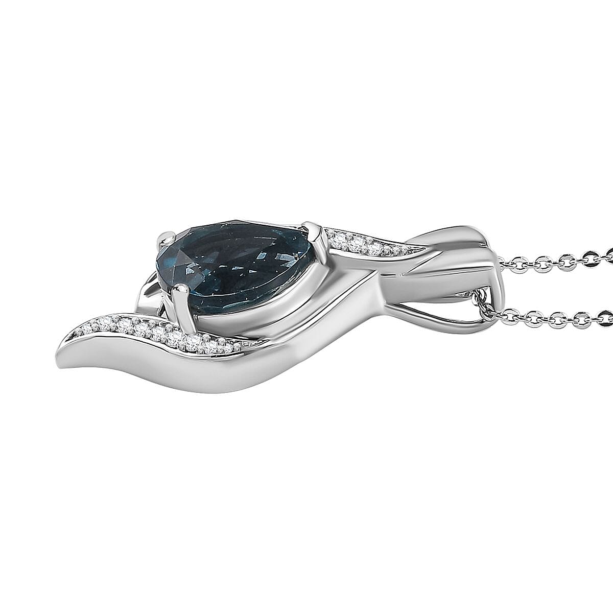 Belgian Teal Fluorite and White Zircon Pendant with Chain (Size 20) in Rhodium Overlay Sterling Silver 2.970  Ct.