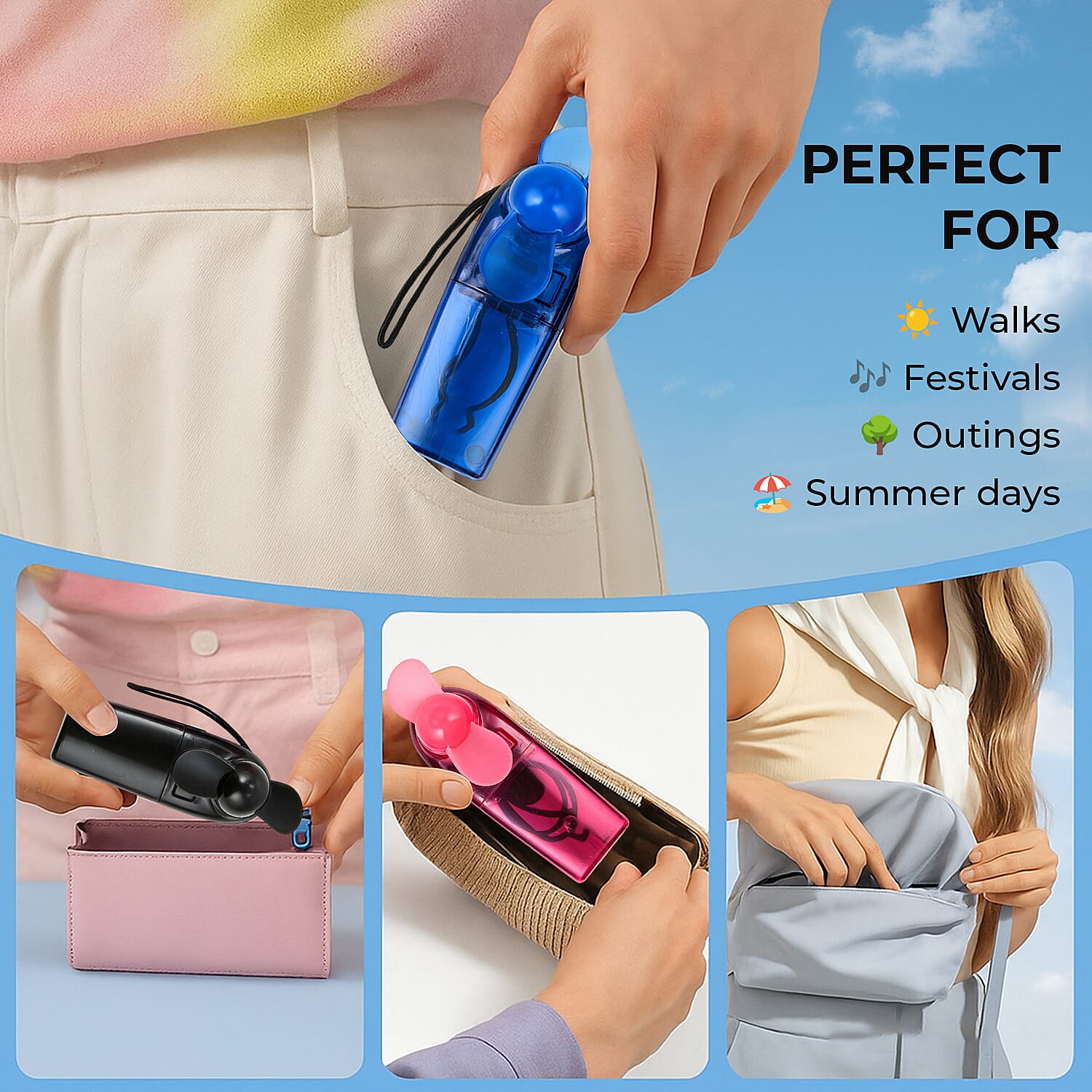 Set of 3 - Oxycool Pocket Fan with Neck Cord