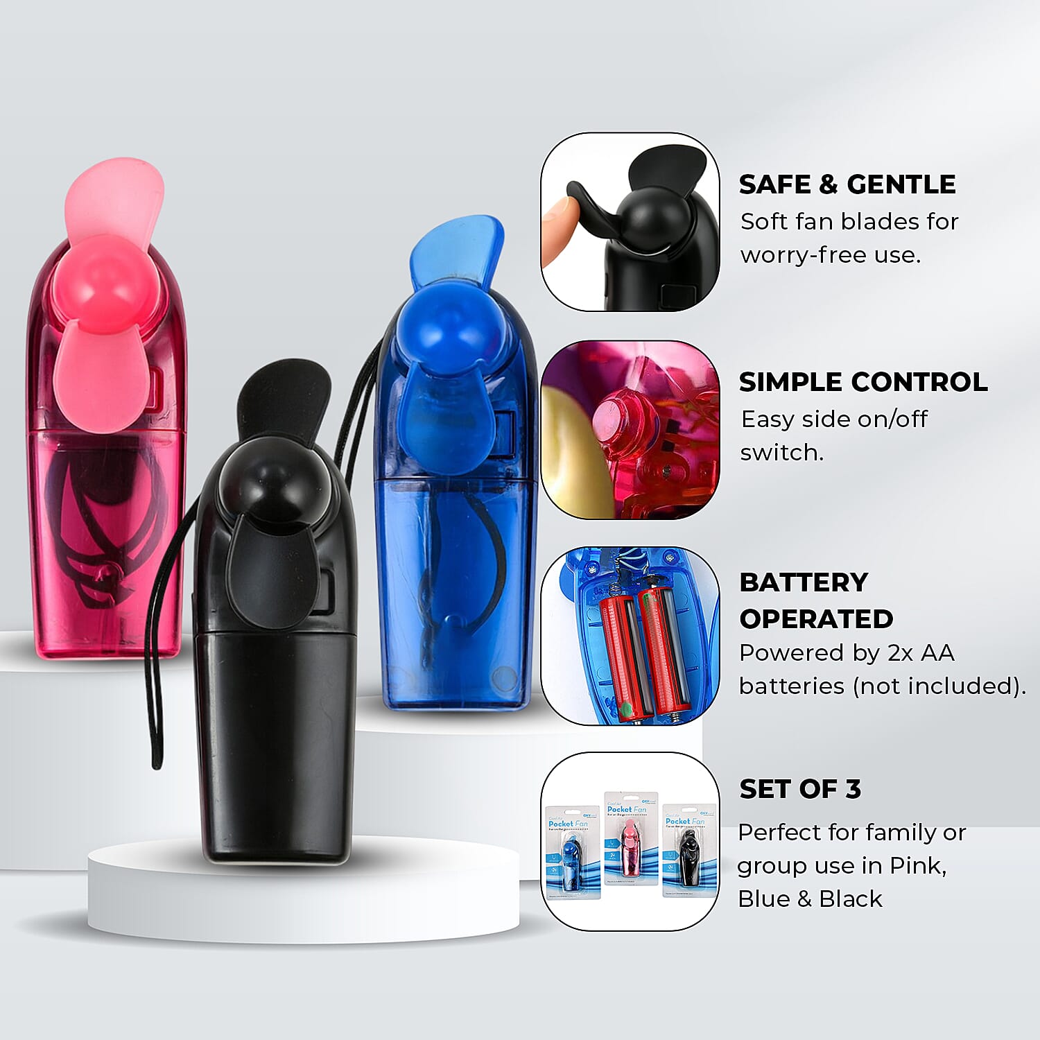 Set of 3 - Oxycool Pocket Fan with Neck Cord