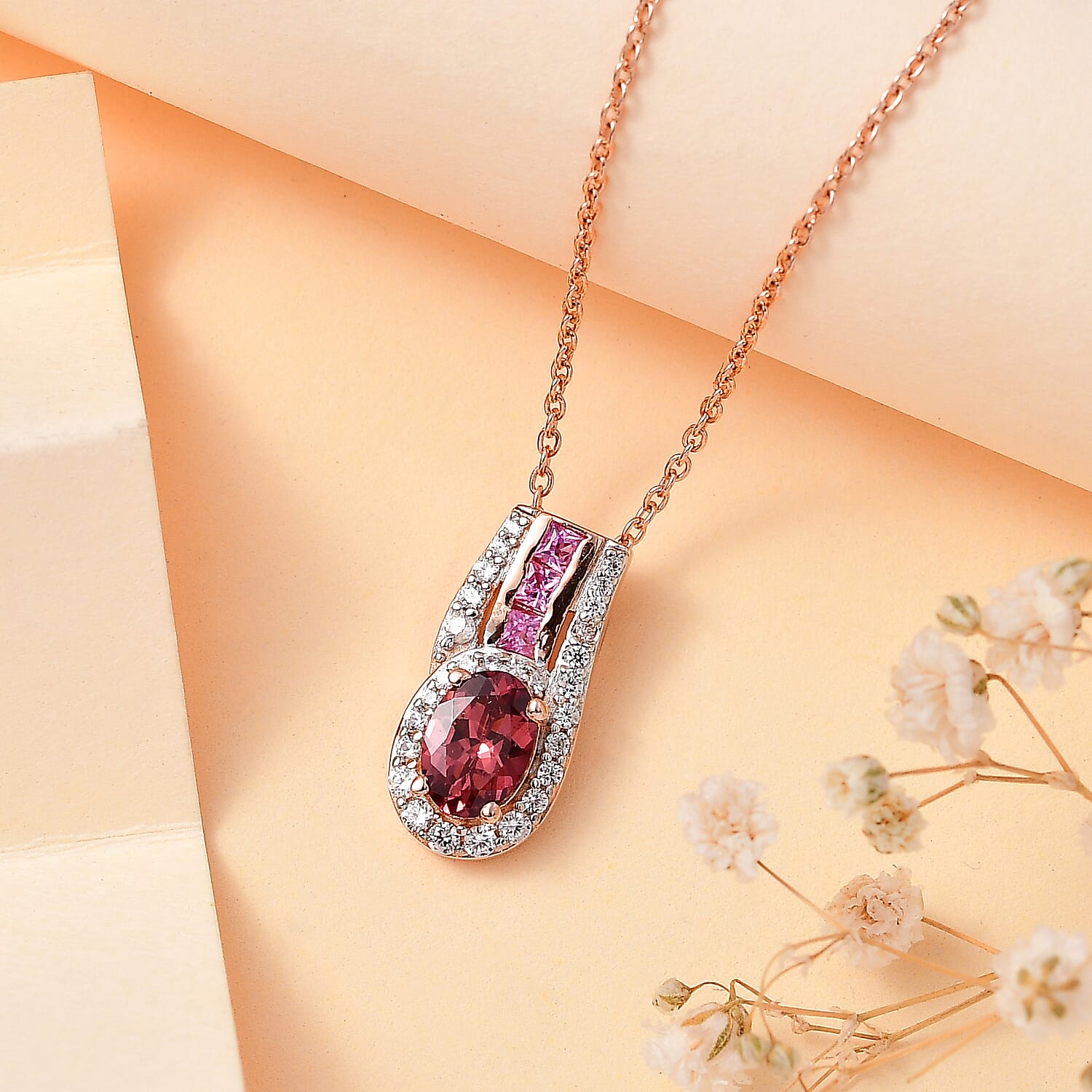 Tanzanian Blush Garnet, Natural Zircon & Pink Sapphire Pendant with Chain (Size 20) in 18K Vermeil Rose Gold Plated Sterling Silver 1.83 Ct.