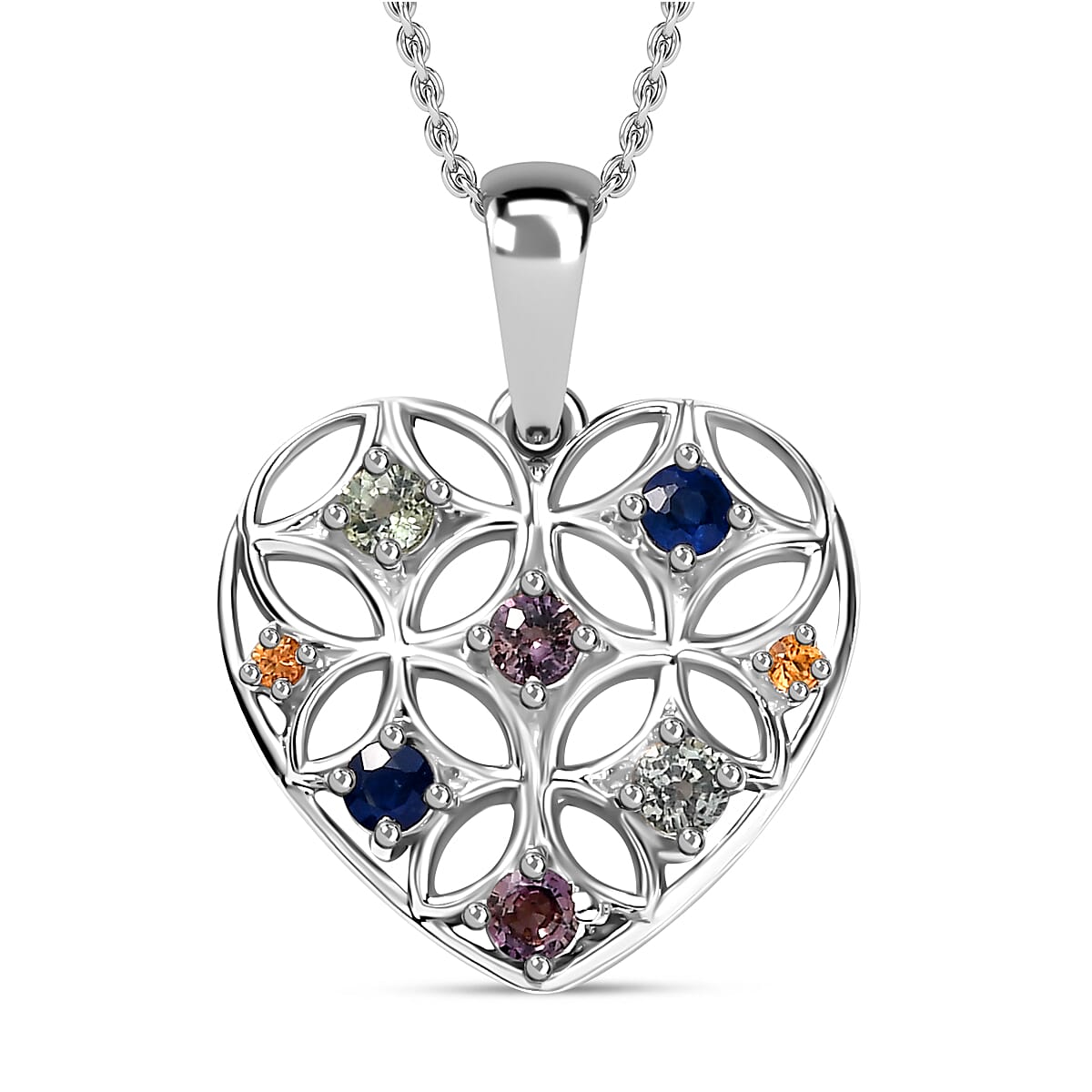 Rainbow Sapphire Heart Pendant with Chain (Size 20) in Rhodium Overlay Sterling Silver