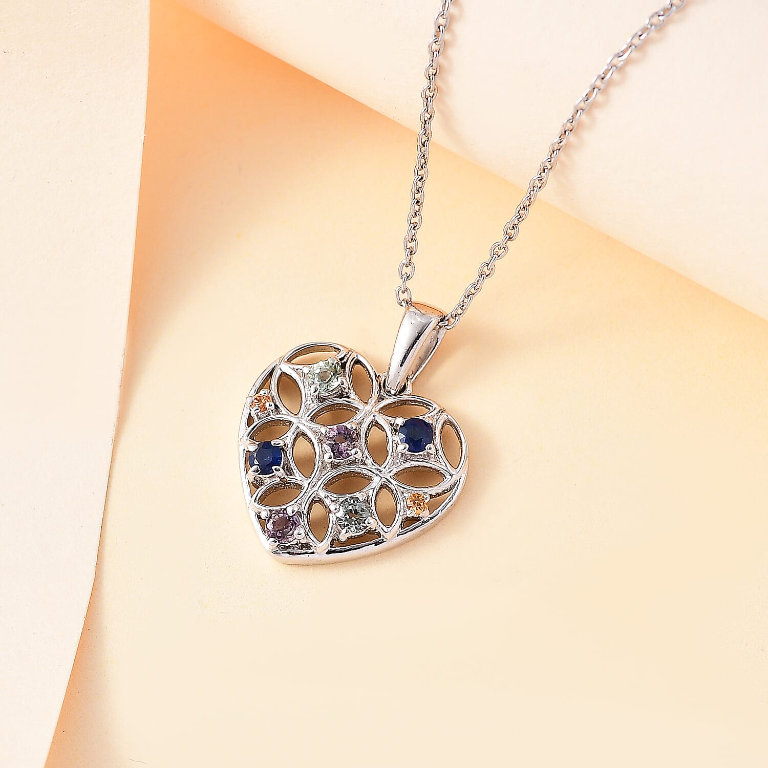 Rainbow Sapphire Heart Pendant with Chain (Size 20) in Rhodium Overlay Sterling Silver