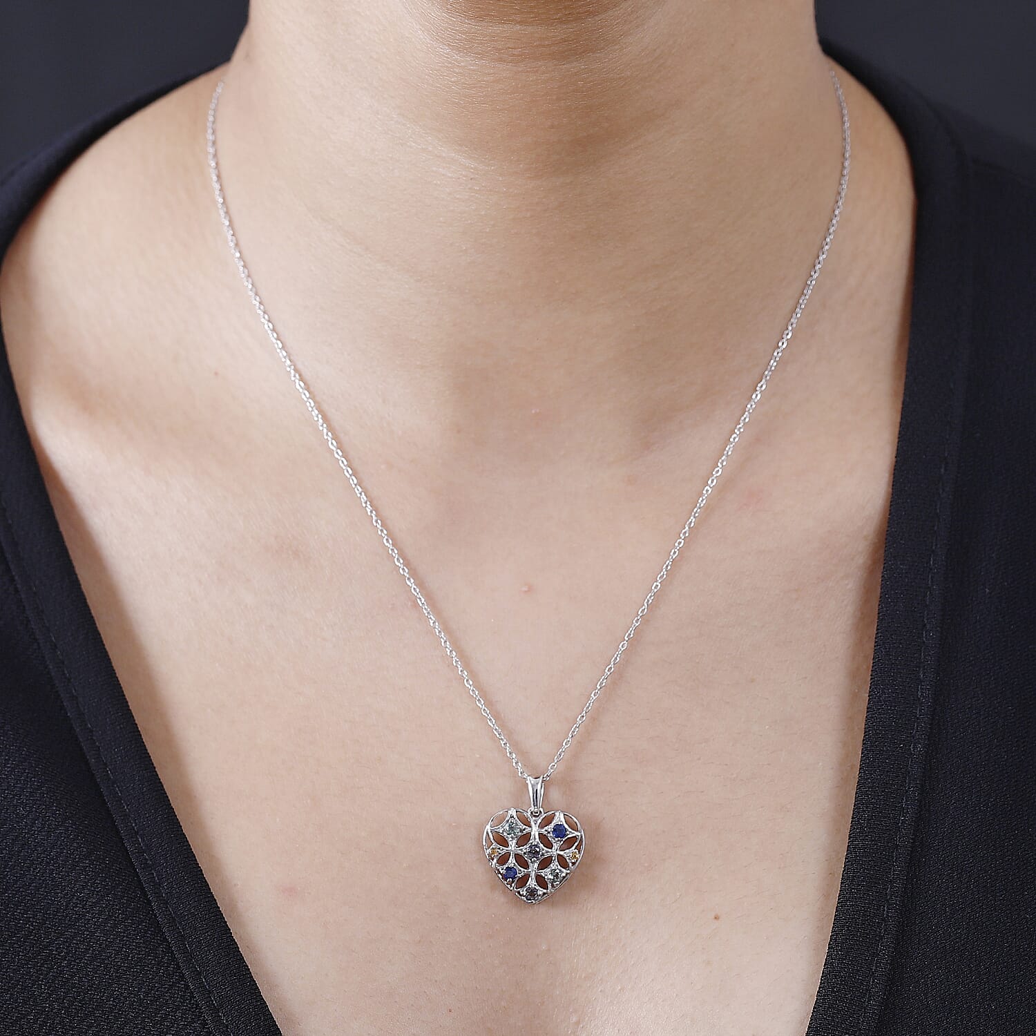 Rainbow Sapphire Heart Pendant with Chain (Size 20) in Rhodium Overlay Sterling Silver