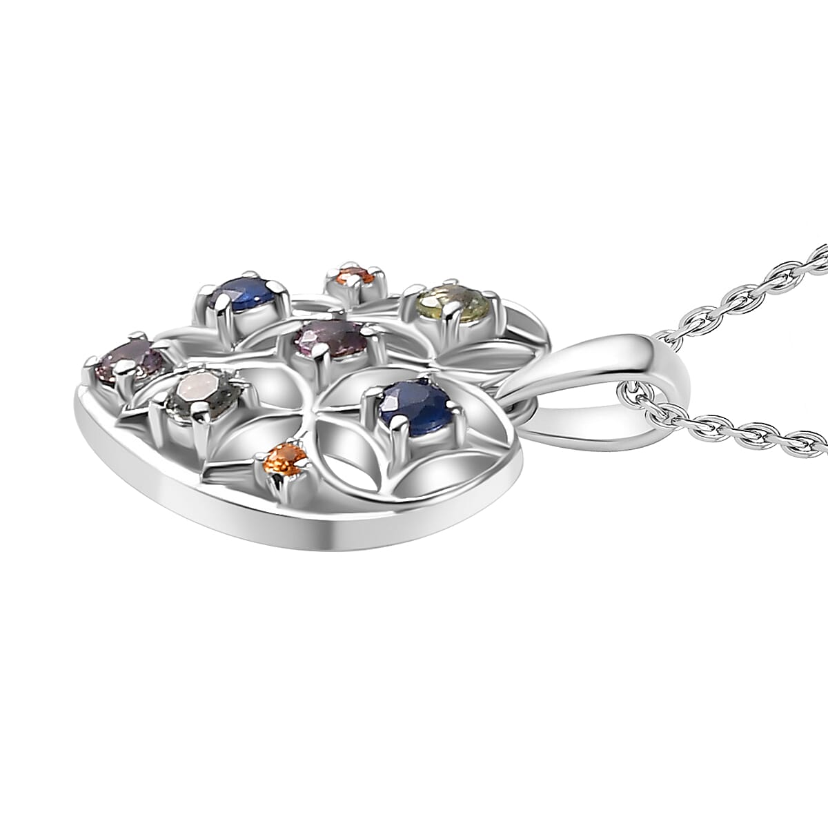Rainbow Sapphire Heart Pendant with Chain (Size 20) in Rhodium Overlay Sterling Silver