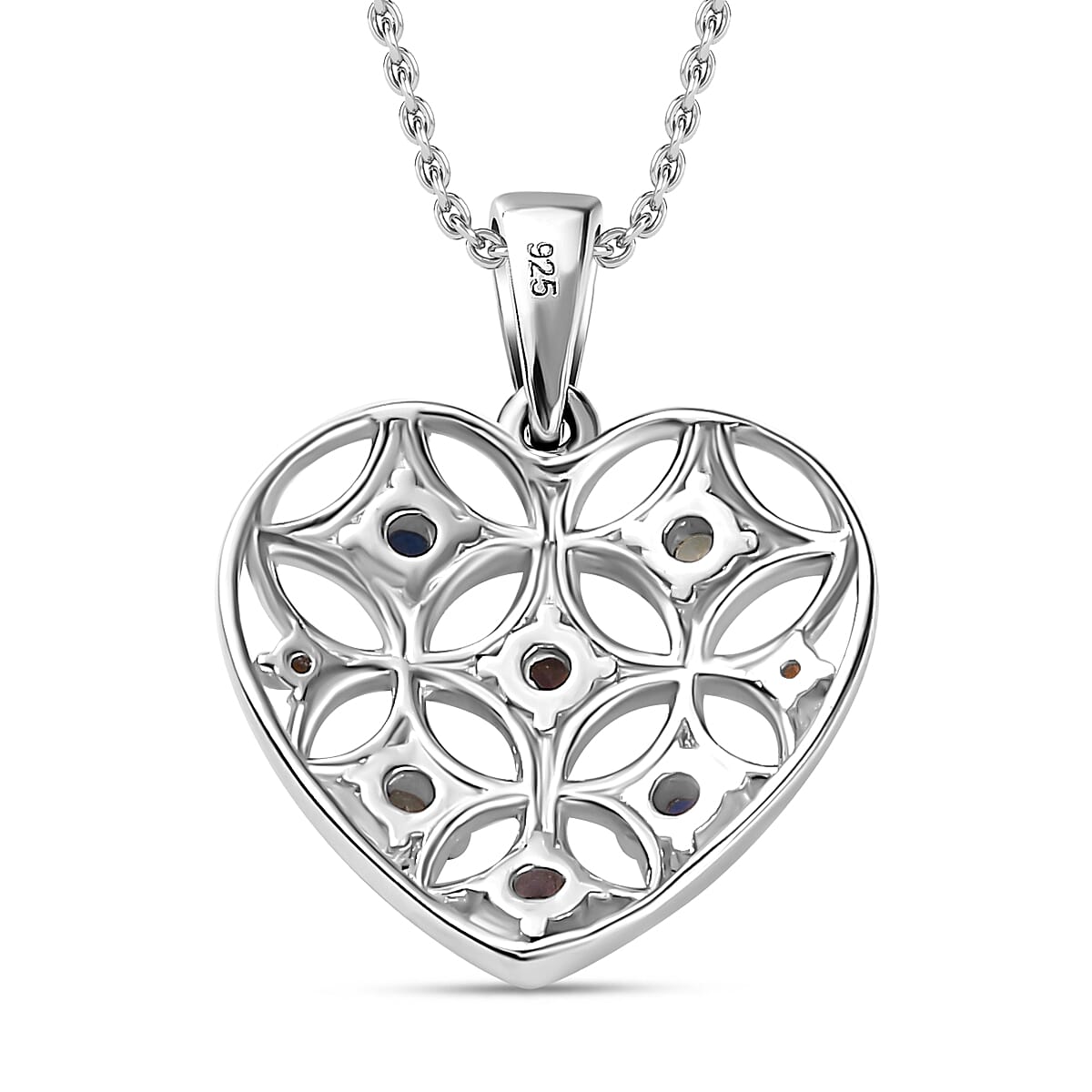 Rainbow Sapphire Heart Pendant with Chain (Size 20) in Rhodium Overlay Sterling Silver