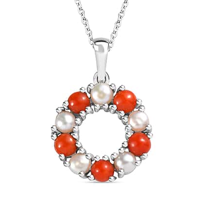 Coral, White Fresh Water Pearl Circle Pendant with Chain (Size 20