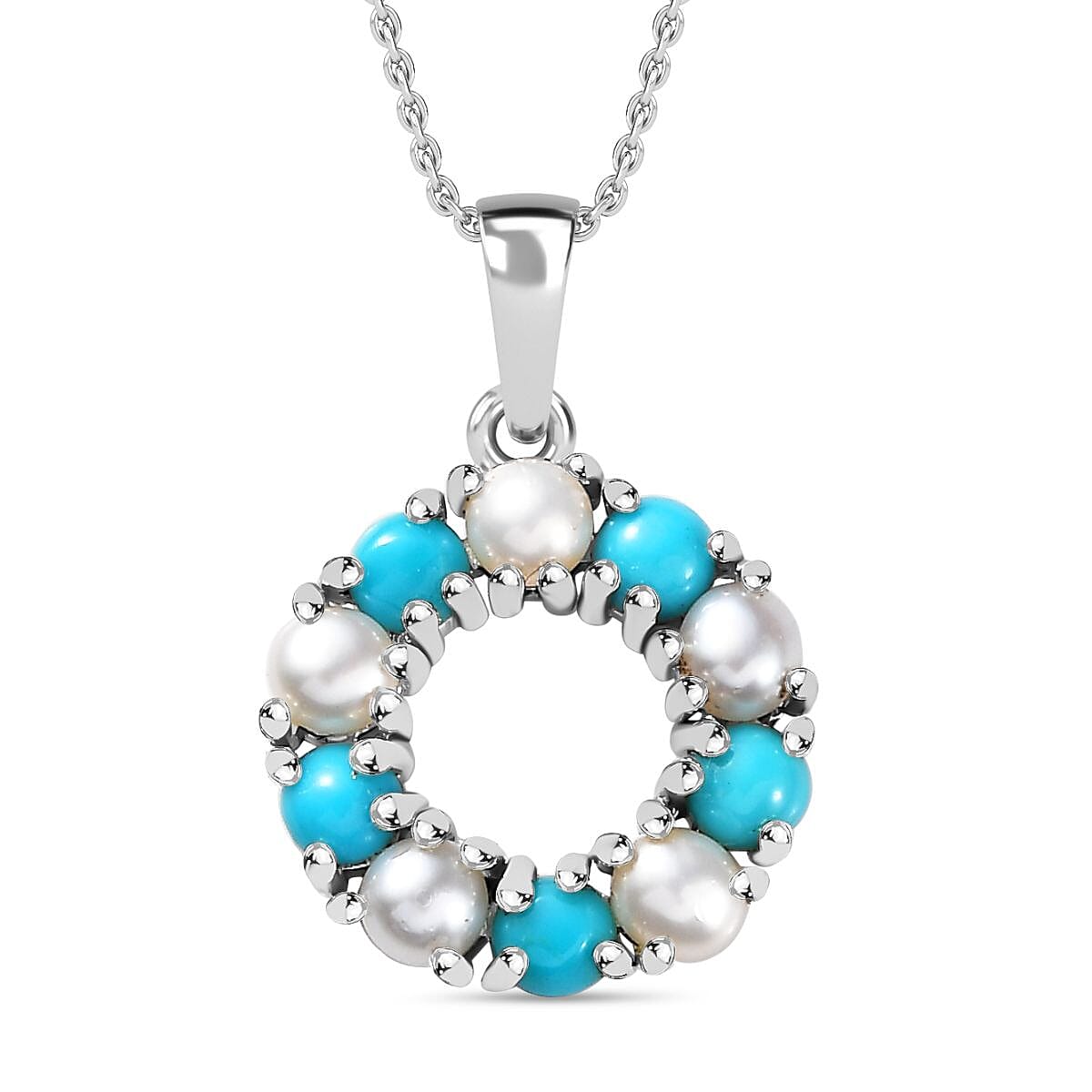 Arizona Sleeping Beauty Turquoise & White Fresh Water Pearl Pendant with Stainless Steel Chain (Size 20) in Platinum Overlay Sterling Silver 2.50 Ct