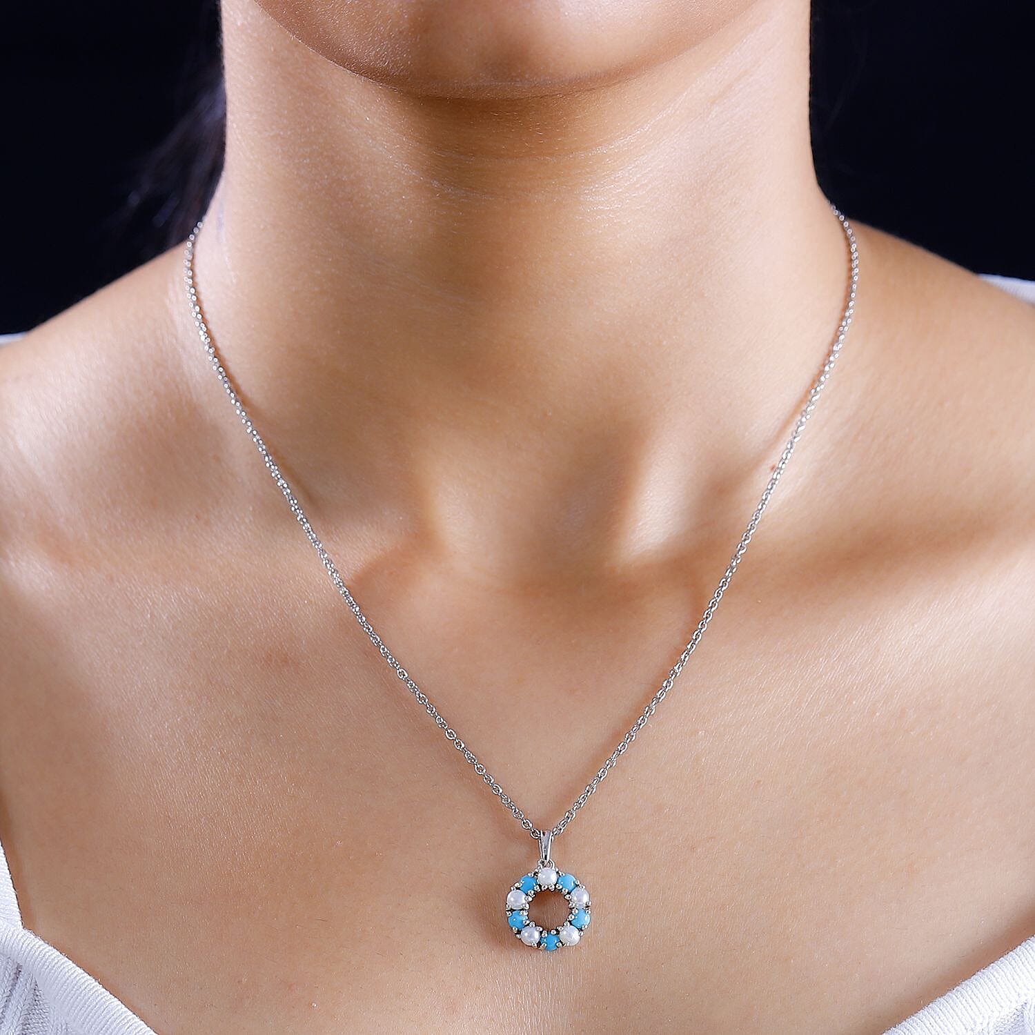 Arizona Sleeping Beauty Turquoise & White Fresh Water Pearl Pendant with Stainless Steel Chain (Size 20) in Platinum Overlay Sterling Silver 2.50 Ct