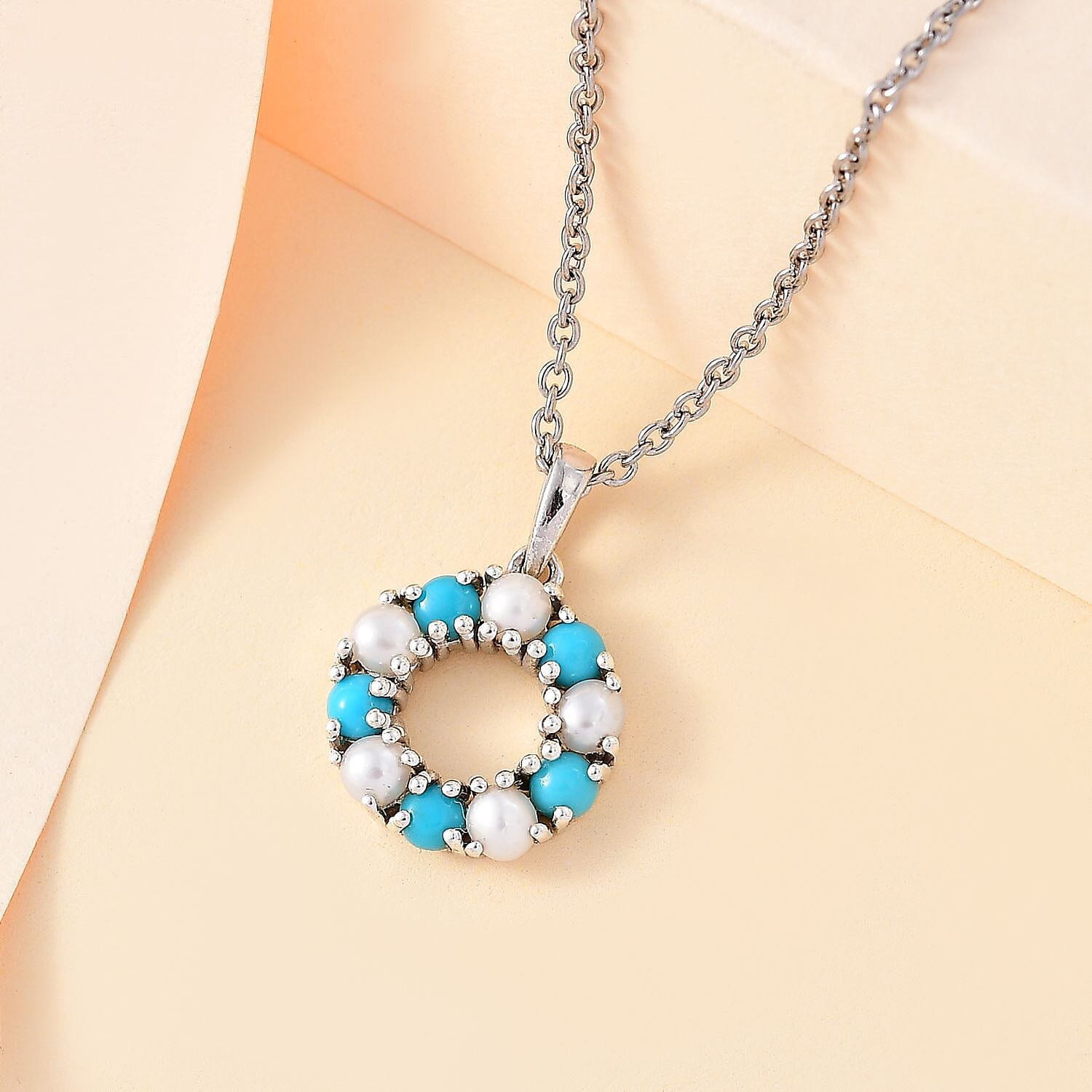 Arizona Sleeping Beauty Turquoise & White Fresh Water Pearl Pendant with Stainless Steel Chain (Size 20) in Platinum Overlay Sterling Silver 2.50 Ct