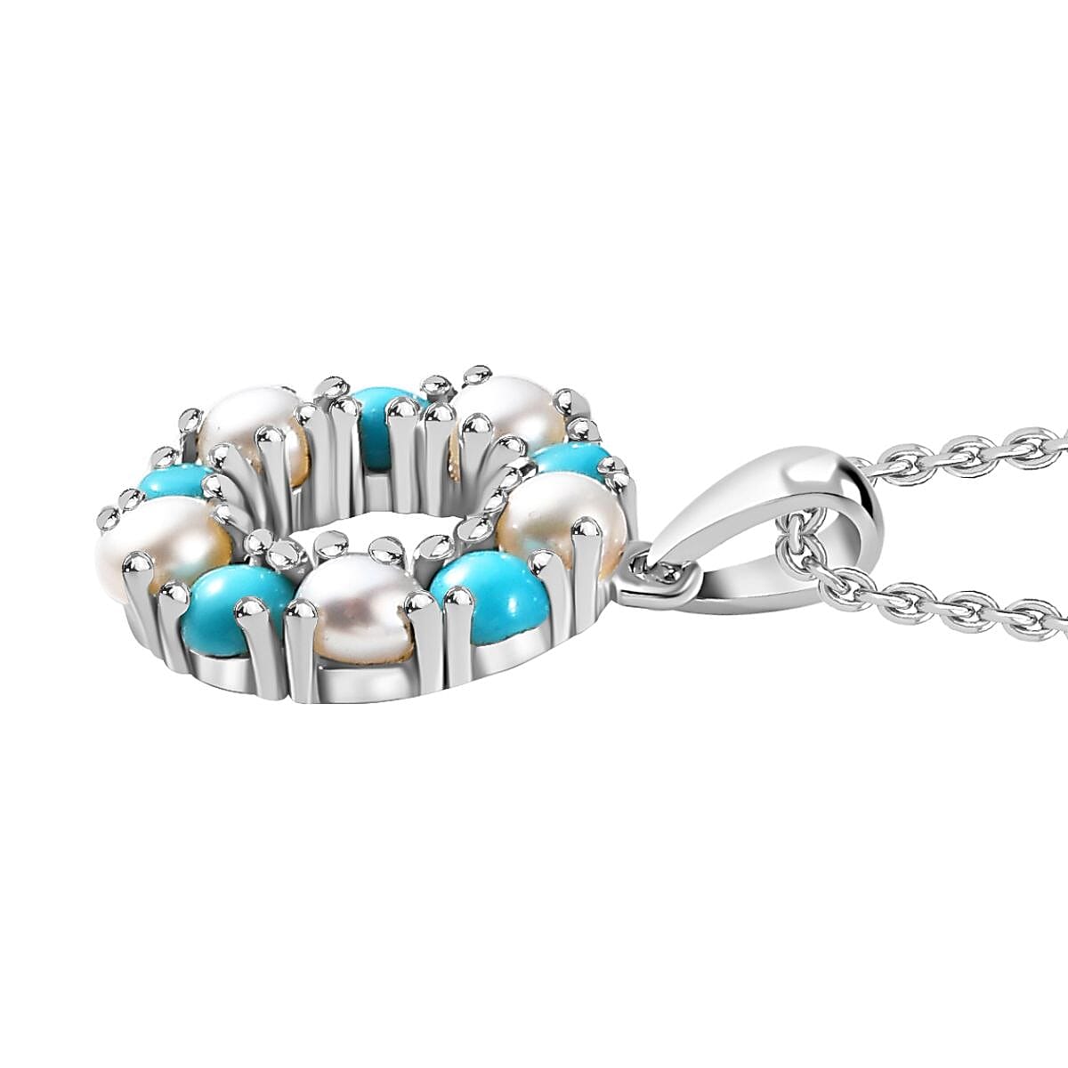 Arizona Sleeping Beauty Turquoise & White Fresh Water Pearl Pendant with Stainless Steel Chain (Size 20) in Platinum Overlay Sterling Silver 2.50 Ct