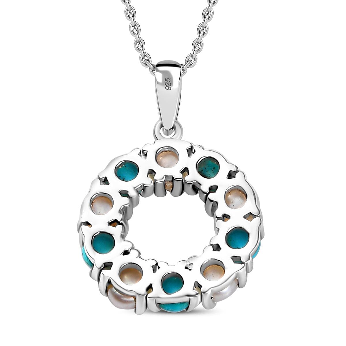Arizona Sleeping Beauty Turquoise & White Fresh Water Pearl Pendant with Stainless Steel Chain (Size 20) in Platinum Overlay Sterling Silver 2.50 Ct