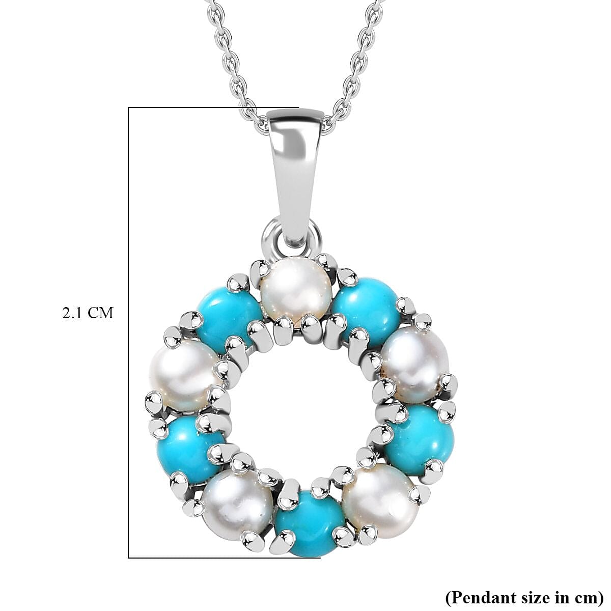 Arizona Sleeping Beauty Turquoise & White Fresh Water Pearl Pendant with Stainless Steel Chain (Size 20) in Platinum Overlay Sterling Silver 2.50 Ct