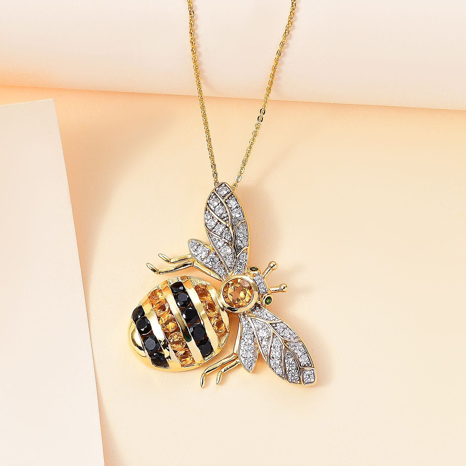 GP Italian Garden Collection Multi Gemstone Queen Bee Pendant with Chain (Size 20) in 18K Vermeil Yellow Gold Plated Sterling Silver 3.55 Ct, Silver Wt. 8.17 Gms.
