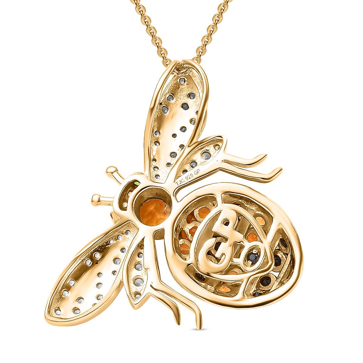 GP Italian Garden Collection Multi Gemstone Queen Bee Pendant with Chain (Size 20) in 18K Vermeil Yellow Gold Plated Sterling Silver 3.55 Ct, Silver Wt. 8.17 Gms.
