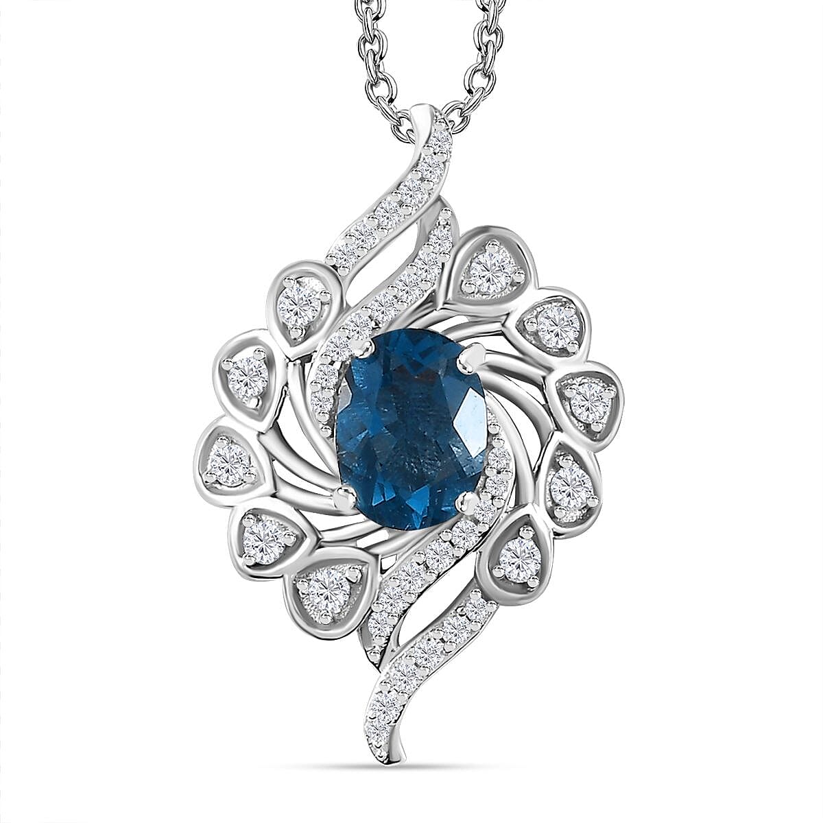 Belgian Teal Fluorite & Natural Zircon Floral Pendant with Chain (Size 20) in Rhodium Overlay Sterling Silver 2.23 Ct