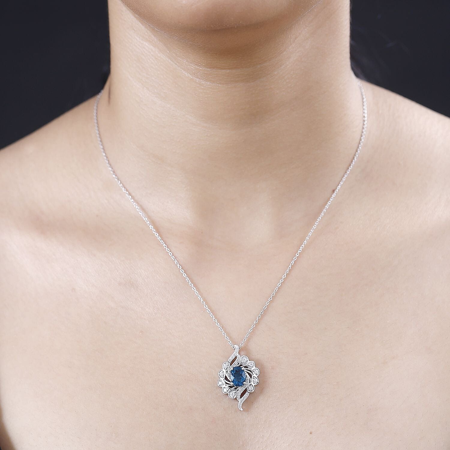 Belgian Teal Fluorite & Natural Zircon Floral Pendant with Chain (Size 20) in Rhodium Overlay Sterling Silver 2.23 Ct