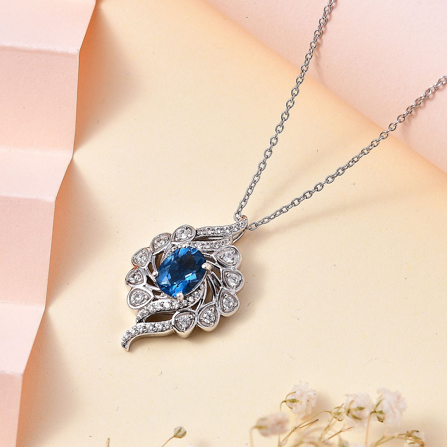 Belgian Teal Fluorite & Natural Zircon Floral Pendant with Chain (Size 20) in Rhodium Overlay Sterling Silver 2.23 Ct