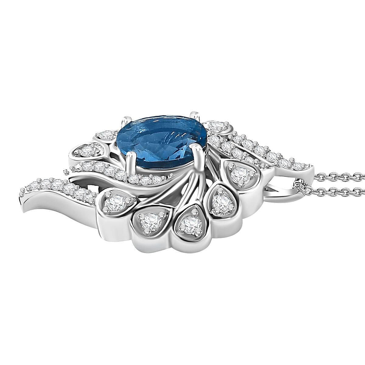 Belgian Teal Fluorite & Natural Zircon Floral Pendant with Chain (Size 20) in Rhodium Overlay Sterling Silver 2.23 Ct