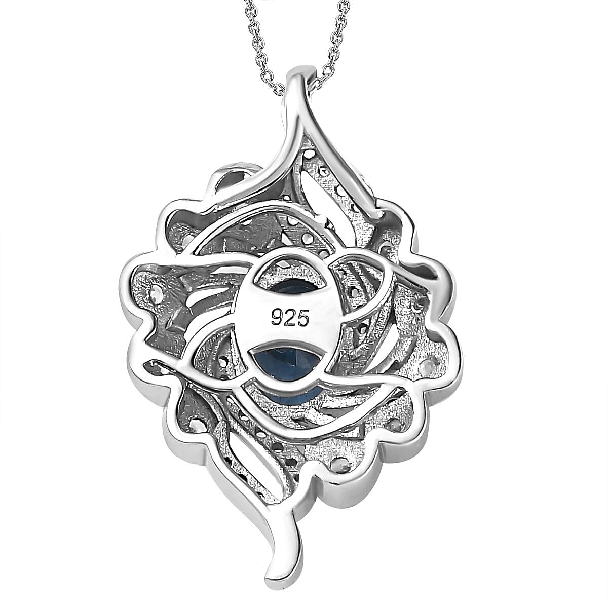 Belgian Teal Fluorite & Natural Zircon Floral Pendant with Chain (Size 20) in Rhodium Overlay Sterling Silver 2.23 Ct