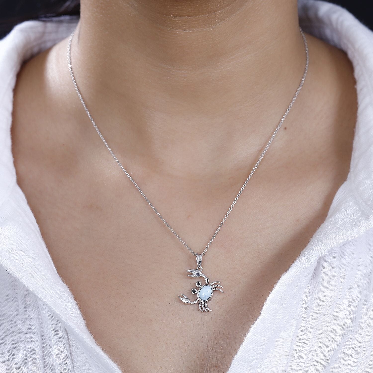 GP Sealife Collection - Larimar & Boi Ploi Black Spinel Pendant with Chain (Size 20) in Rhodium Overlay Sterling Silver 1.22 Ct.