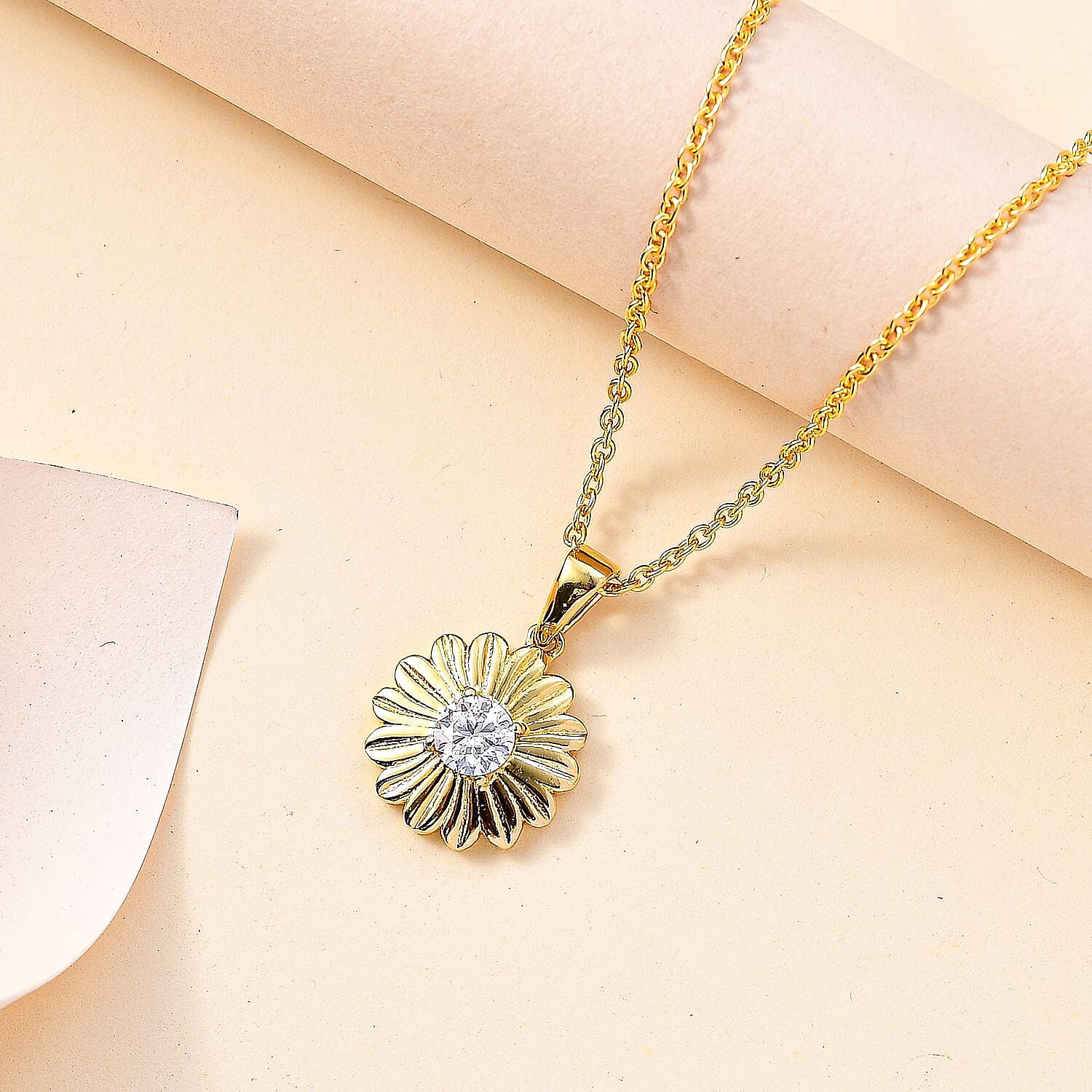 Moissanite Floral Pendant with Chain (Size 20) in 18K YG Vermeil & Rhodium Plated Sterling Silver