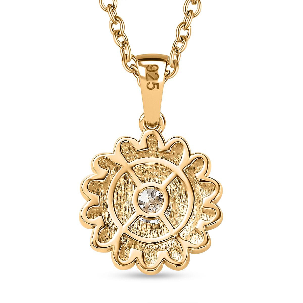 Moissanite Floral Pendant with Chain (Size 20) in 18K YG Vermeil & Rhodium Plated Sterling Silver