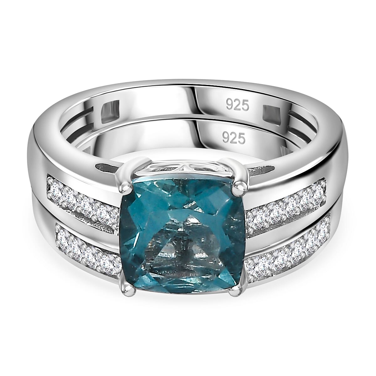 Set of 2 - BelgianTeal Fluorite & Natural Zircon Ring in Rhodium Overlay Sterling Silver 3.10 Ct