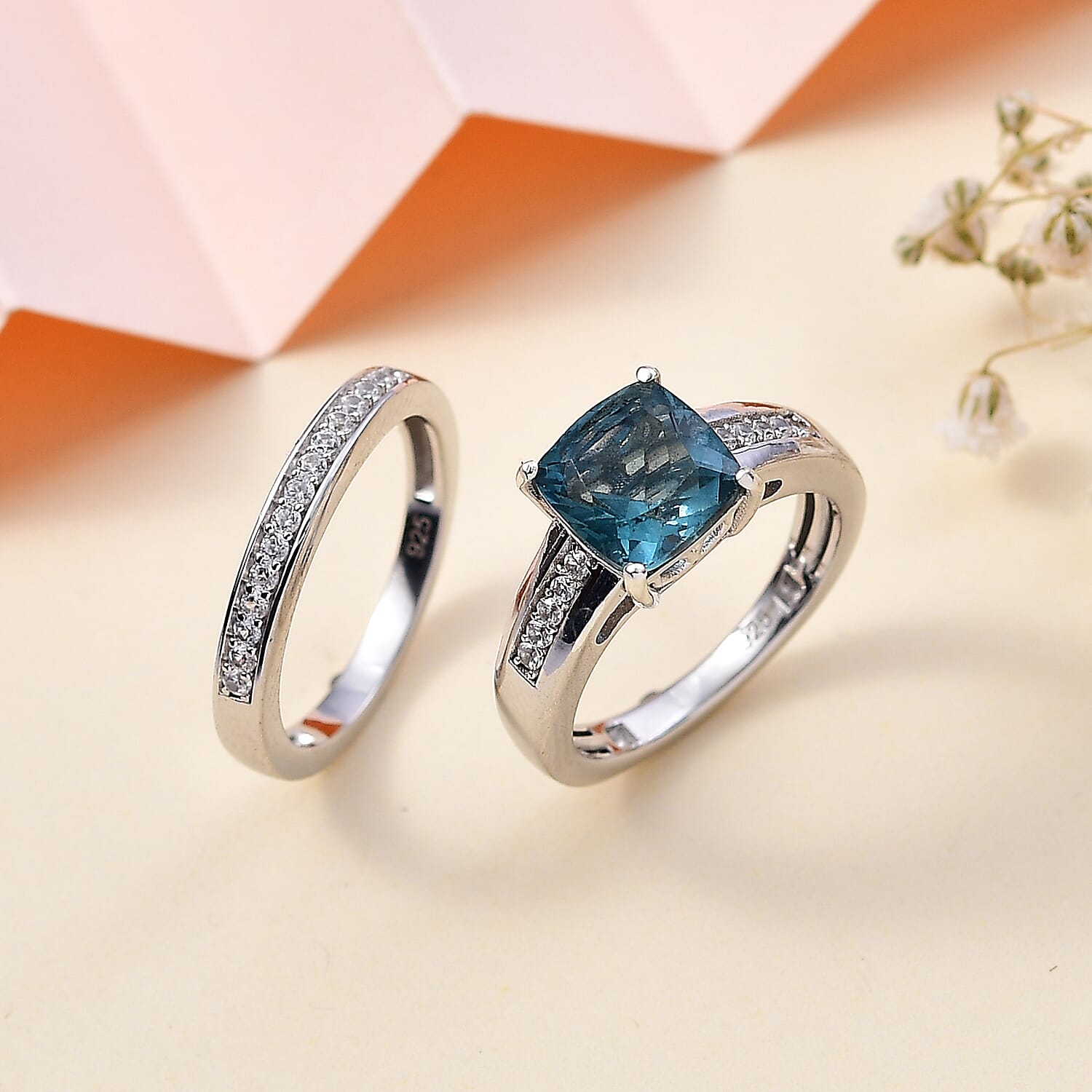 Set of 2 - BelgianTeal Fluorite & Natural Zircon Ring in Rhodium Overlay Sterling Silver 3.10 Ct