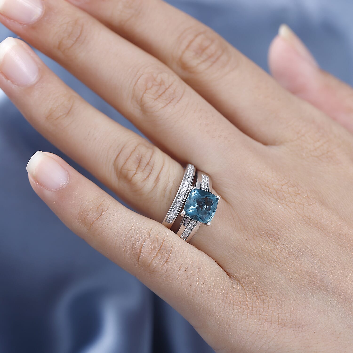 Set of 2 - BelgianTeal Fluorite & Natural Zircon Ring in Rhodium Overlay Sterling Silver 3.10 Ct