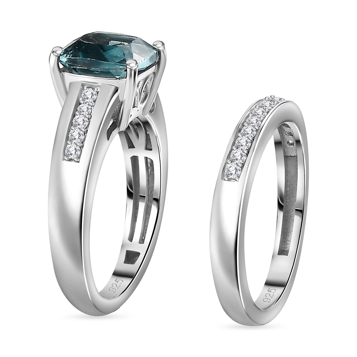Set of 2 - BelgianTeal Fluorite & Natural Zircon Ring in Rhodium Overlay Sterling Silver 3.10 Ct