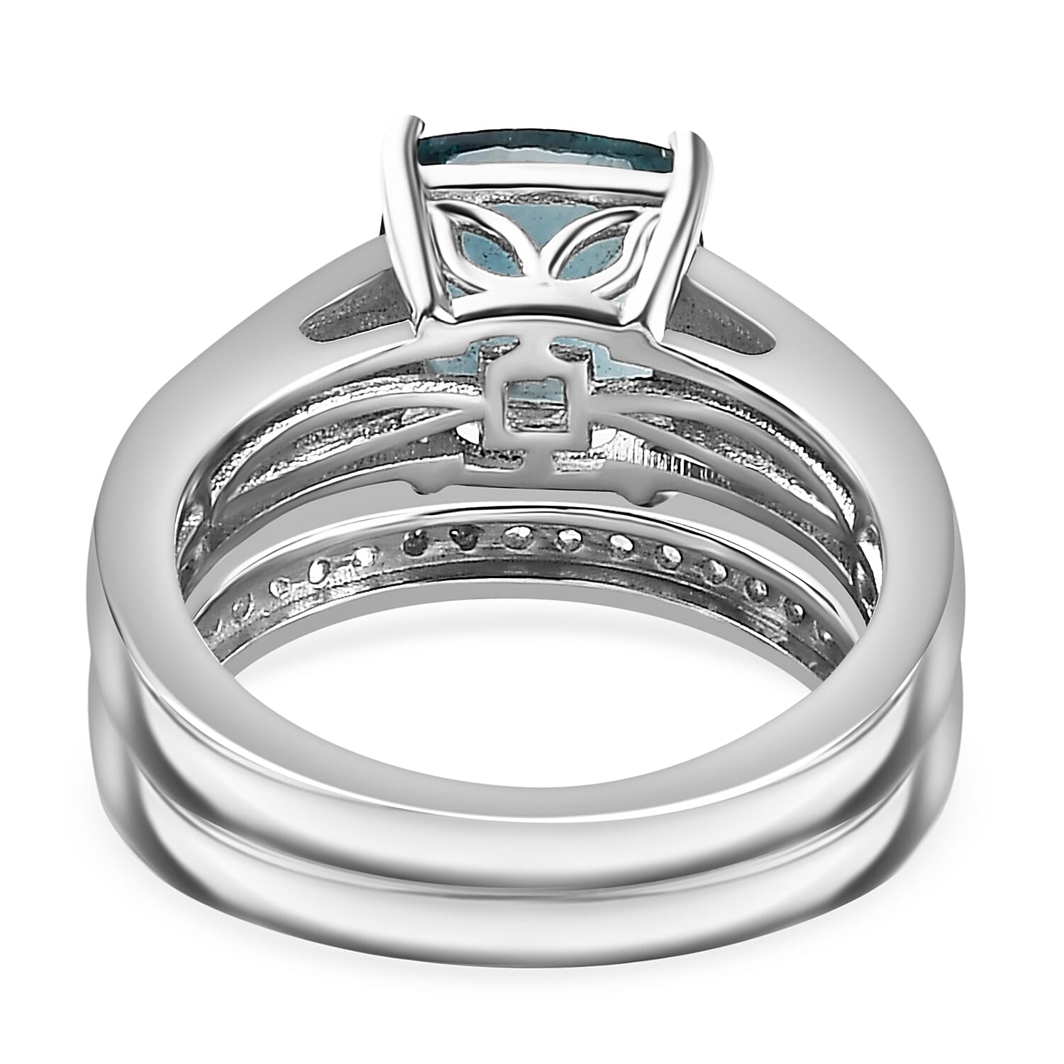 Set of 2 - BelgianTeal Fluorite & Natural Zircon Ring in Rhodium Overlay Sterling Silver 3.10 Ct