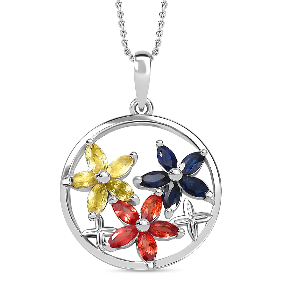 Red Sapphire, Yellow Sapphire & Blue Sapphire Pendant with Chain (Size 20) in Rhodium Overlay Sterling Silver 1.35 Ct.