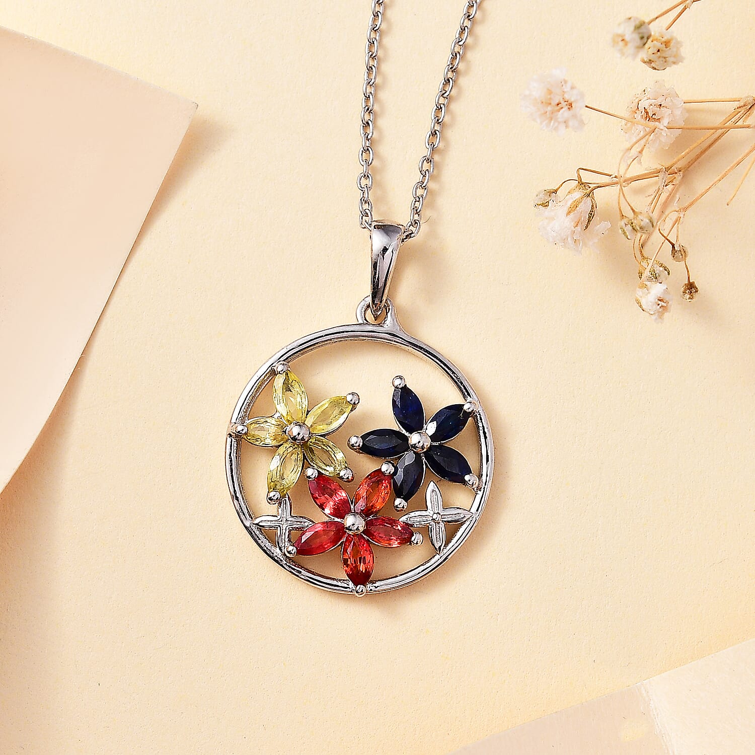 Red Sapphire, Yellow Sapphire & Blue Sapphire Pendant with Chain (Size 20) in Rhodium Overlay Sterling Silver 1.35 Ct.