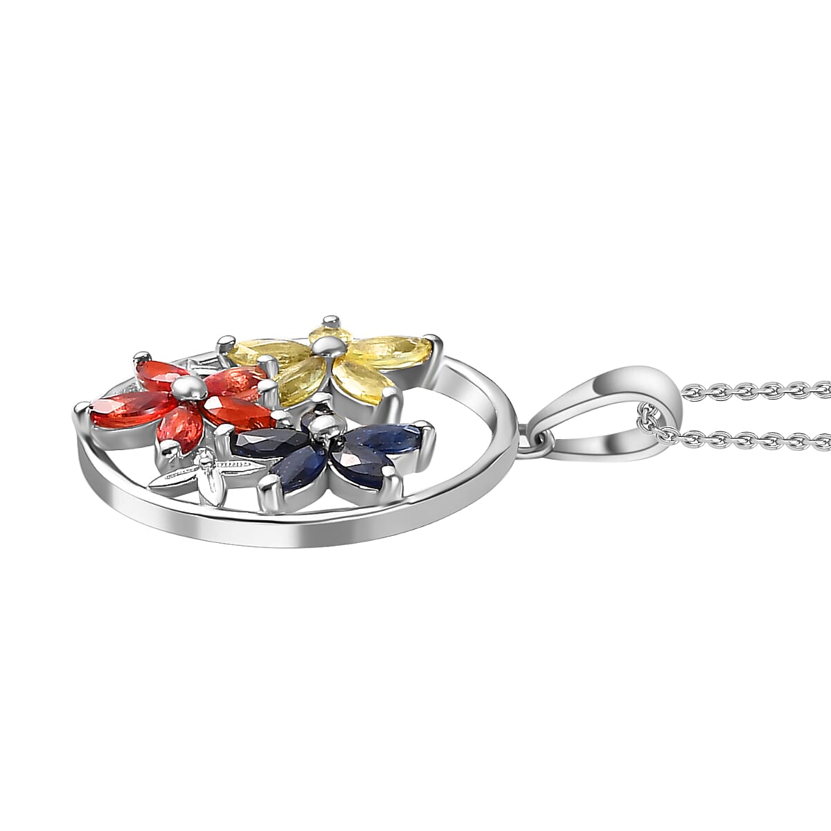 Red Sapphire, Yellow Sapphire & Blue Sapphire Pendant with Chain (Size 20) in Rhodium Overlay Sterling Silver 1.35 Ct.