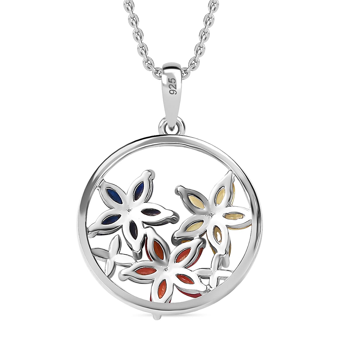Red Sapphire, Yellow Sapphire & Blue Sapphire Pendant with Chain (Size 20) in Rhodium Overlay Sterling Silver 1.35 Ct.