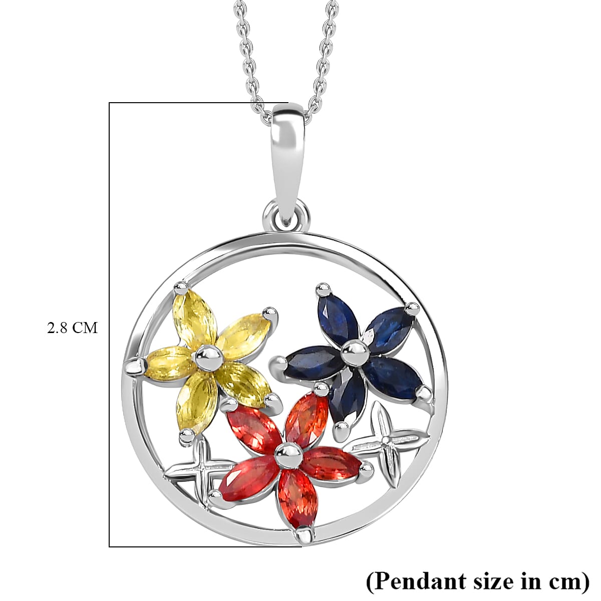 Red Sapphire, Yellow Sapphire & Blue Sapphire Pendant with Chain (Size 20) in Rhodium Overlay Sterling Silver 1.35 Ct.