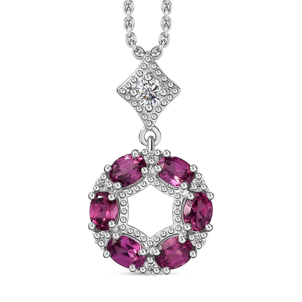 Tony Diniz Collection - Natural Ember Garnet, Natural White Zircon Pendant with Chain (Size 20) in Rhodium Overlay Sterling Silver 1.580  Ct.