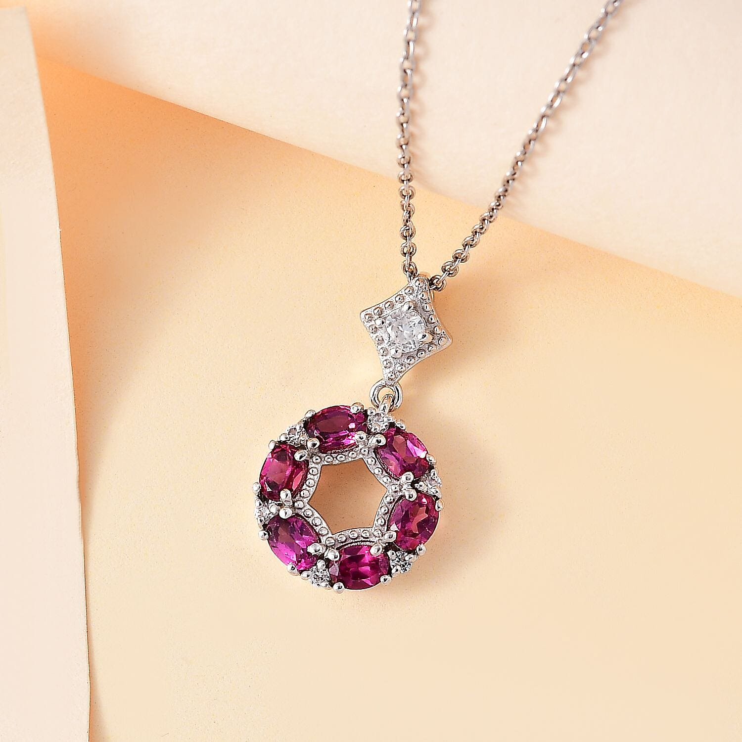 Tony Diniz Collection - Natural Ember Garnet, Natural White Zircon Pendant with Chain (Size 20) in Rhodium Overlay Sterling Silver 1.580  Ct.