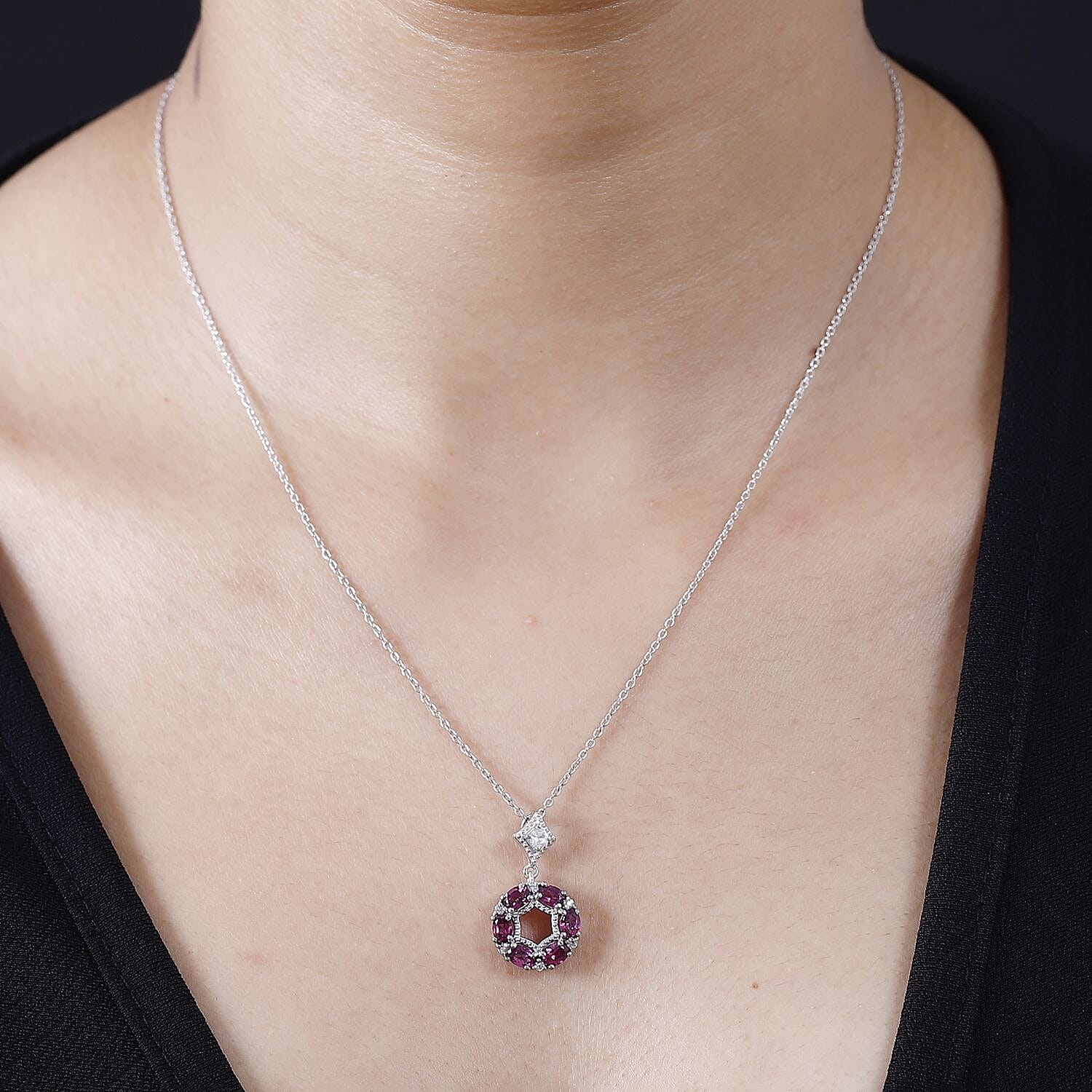 Tony Diniz Collection - Natural Ember Garnet, Natural White Zircon Pendant with Chain (Size 20) in Rhodium Overlay Sterling Silver 1.580  Ct.