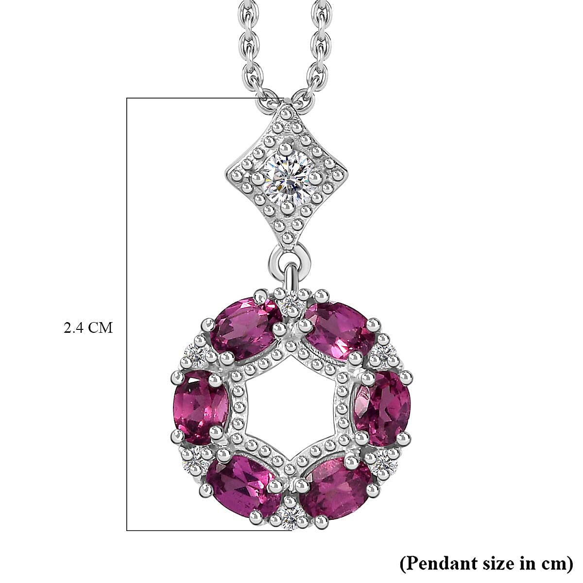 Tony Diniz Collection - Natural Ember Garnet, Natural White Zircon Pendant with Chain (Size 20) in Rhodium Overlay Sterling Silver 1.580  Ct.