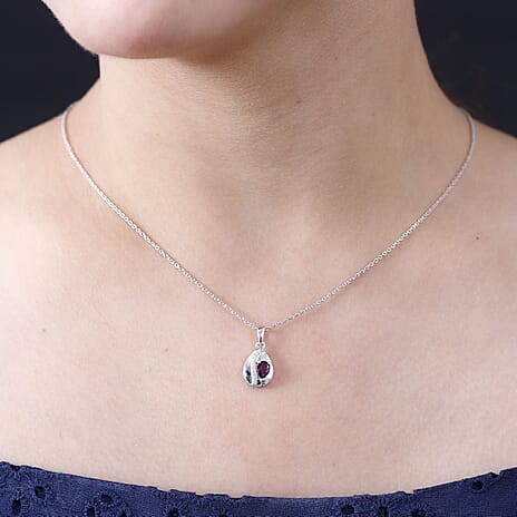 Tony Diniz Collection - Natural Ember Garnet & Natural White Zircon Pendant with Chain (Size 20) in Rhodium Overlay Sterling Silver